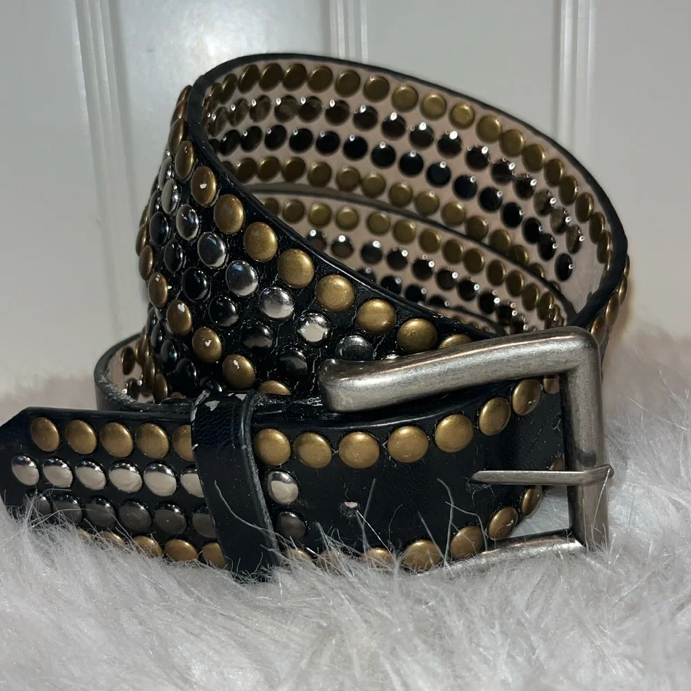 Black leather all over studded belt biker grunge street moto goth approx size L
